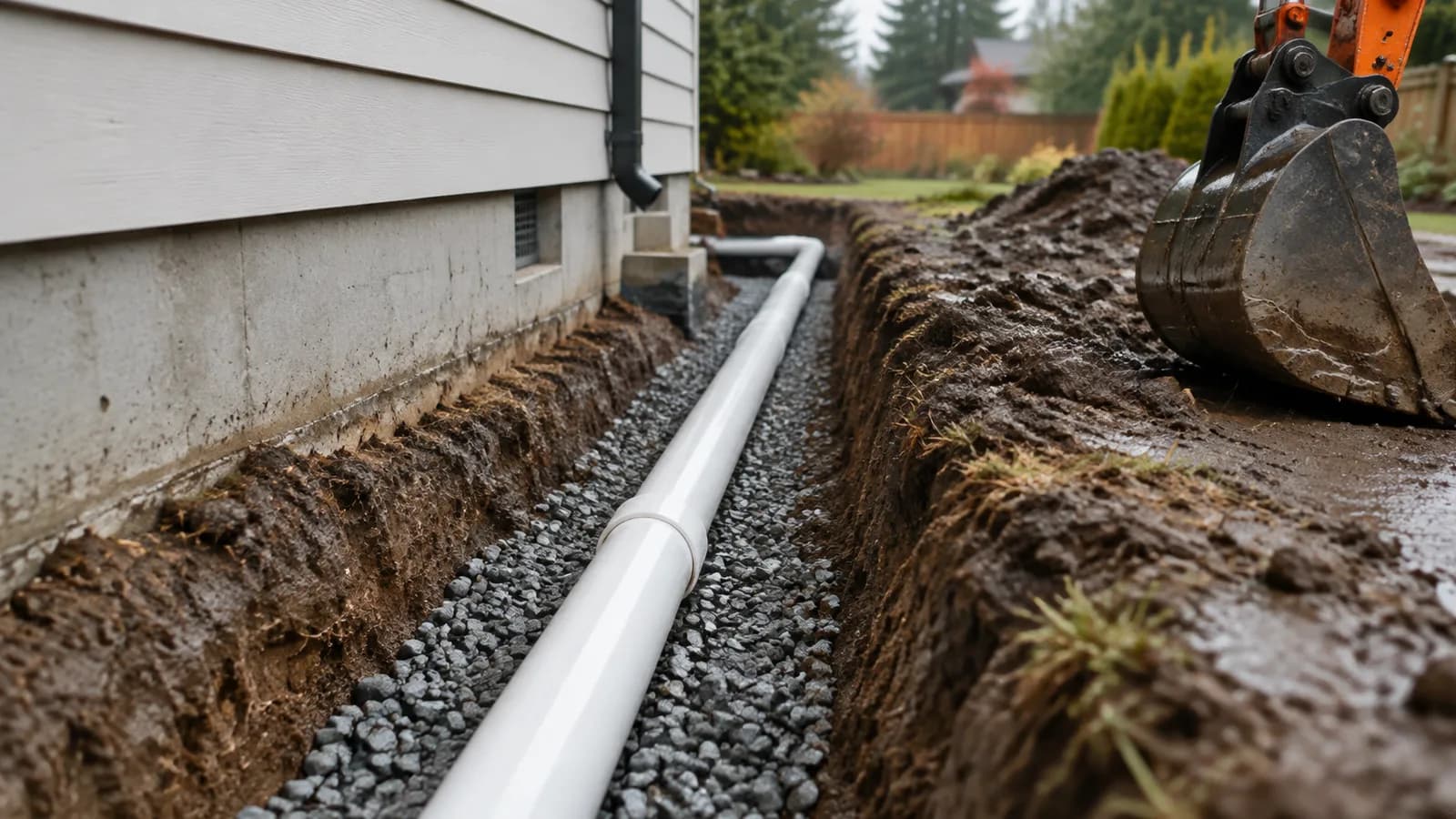 A new sewer line laid in a trench beside a house