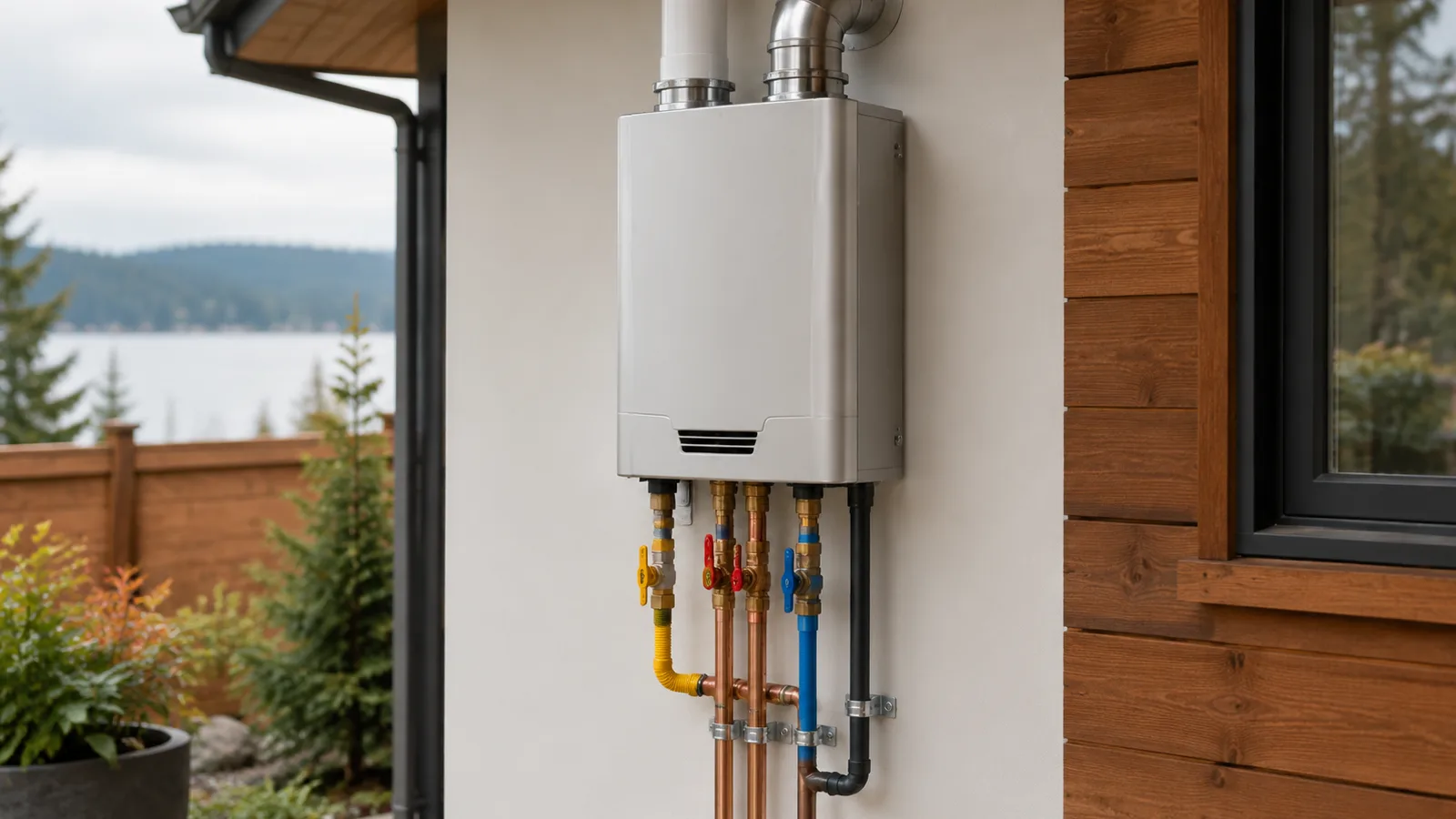 A wall-mounted tankless water heater with neat piping