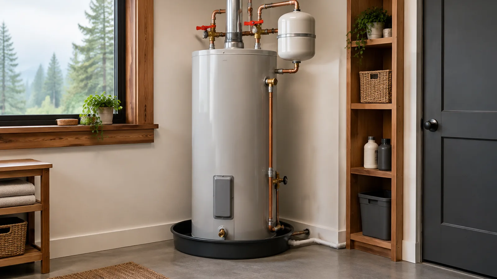 A tank water heater with new valves and expansion tank