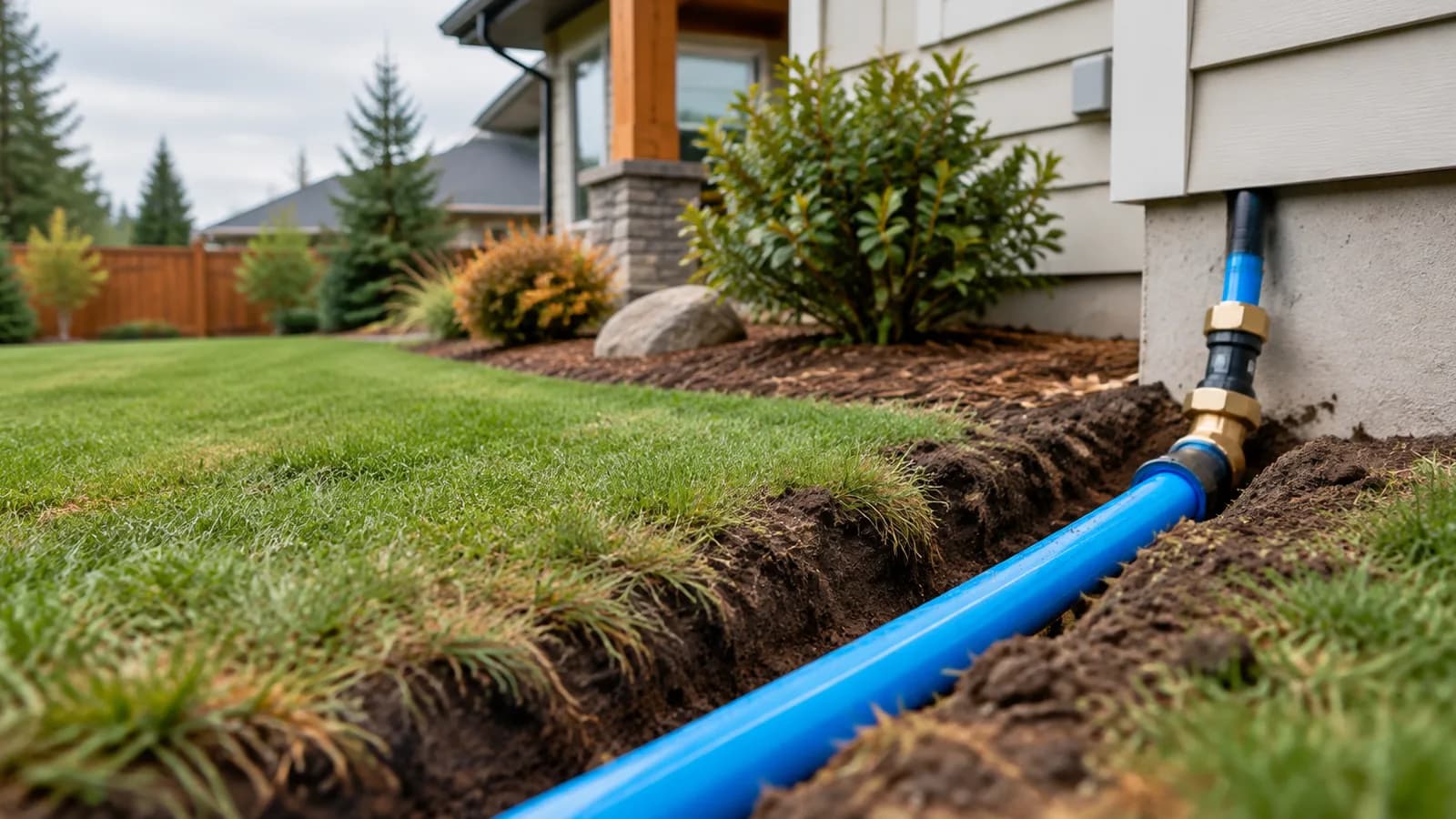 A new water service line in a shallow trench