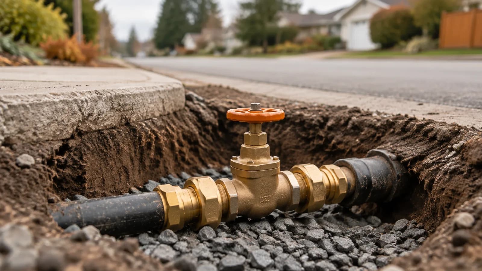 A water main shutoff valve exposed at the curb